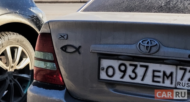 машина, сзади, номер, значок, рыба, символ