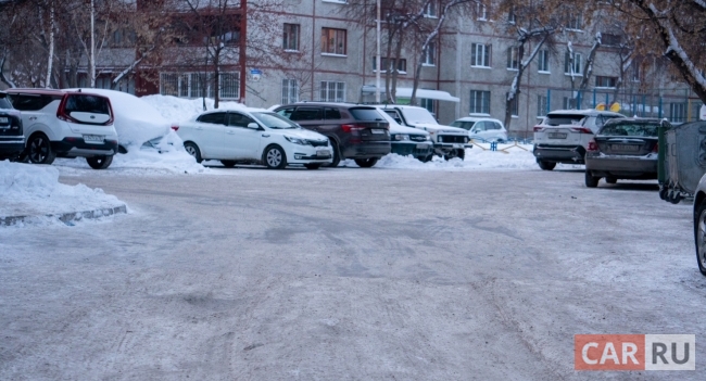 двор, машины, зима, снег