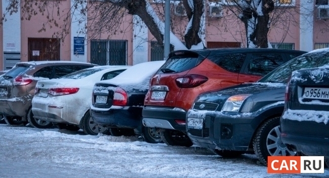 машины, ряд, зима, снег, припаркованы