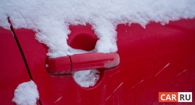 дверь, ручка, снег, красный